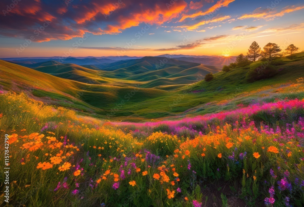 Obraz premium majestic rolling hills bathed warm sunset light featuring vibrant colors that create breathtaking natural landscape, nature, scenery, outdoor, silhouette
