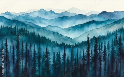 Watercolor illustration of a forest tree. Landscape featuring mountains. Tall pine trees in a woodland. Verdant forest scene