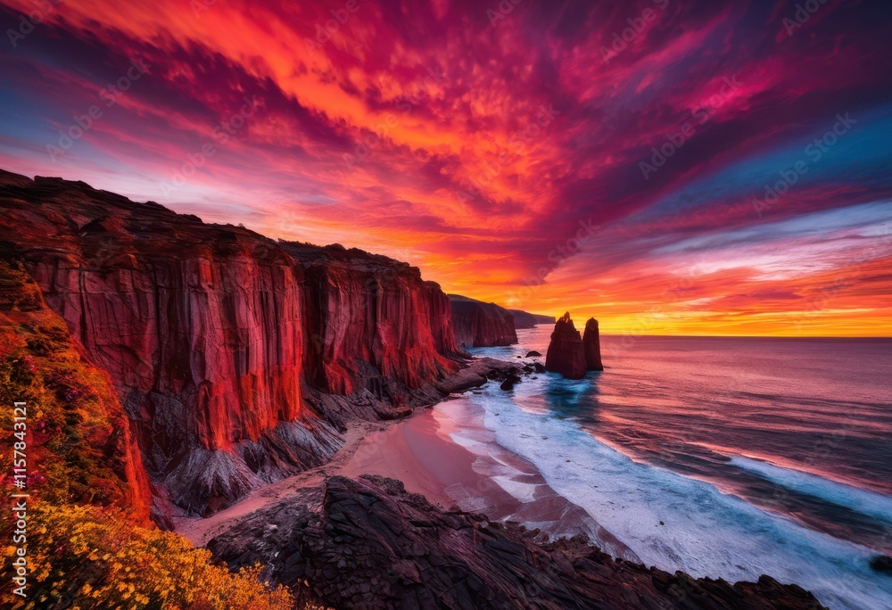 majestic cliffs under vibrant sunset skies showcasing brilliant bold splendor stunning landscape, sky, cloud, color, rock, mountain, evening, nature, light