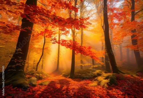 breathtaking scene vibrant foliage surrounded mist enchanted forest capturing splendor serenity, trees, leaves, greenery, plants, nature, branch