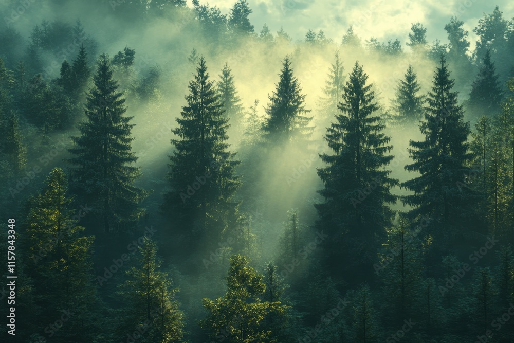 Fototapeta premium Misty forest with towering pine trees and diffused light creating a tranquil mood.