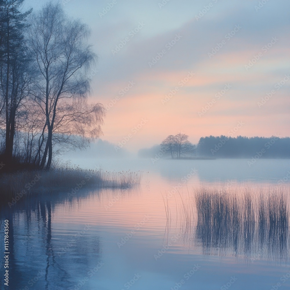 Fototapeta premium Lakeside enveloped in morning fog with pastel sunrise reflections and silhouettes.
