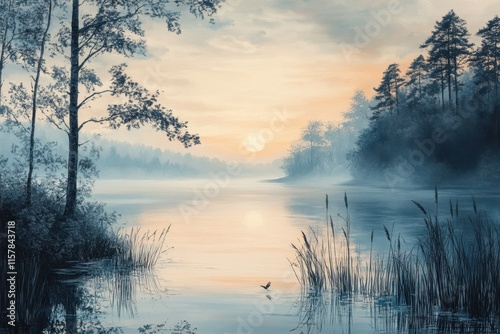 Lakeside enveloped in morning fog with pastel sunrise reflections and silhouettes.

 photo