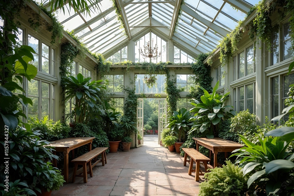 Lush Greenhouse Interior with Wooden Tables and Abundant Plants Lush Greenhouse Interior with Wooden Tables and Abundant Plants