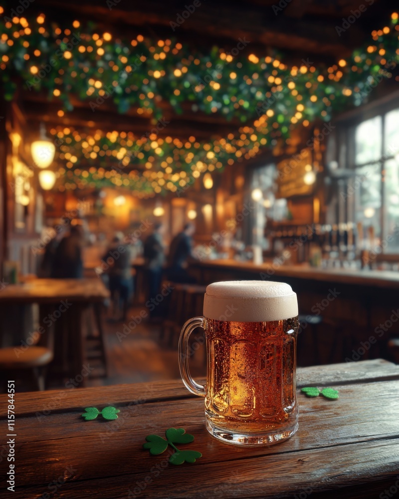 Irish pub decorated for Saint Patrick’s Day with beer mugs, fairy lights, and lively crowd.
