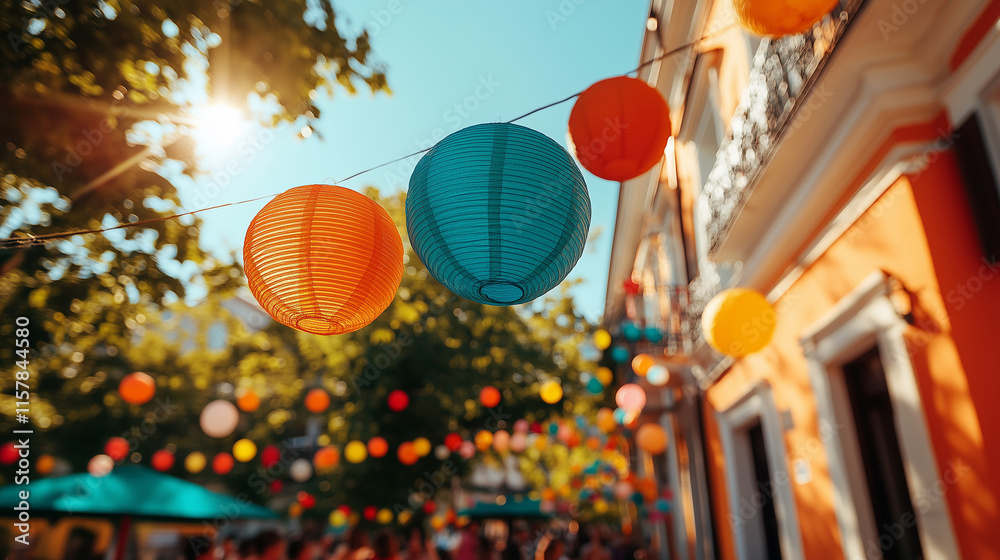 Colorful lanterns illuminate a lively street festival during a sunny day celebration Colorful lanterns illuminate a lively street festival during a sunny day celebration