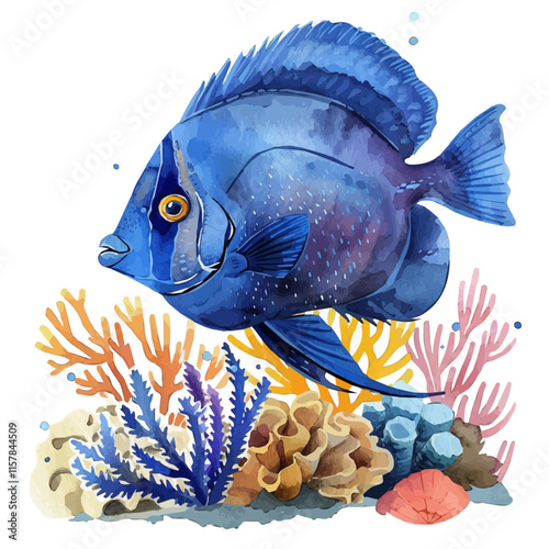 A watercolor vector of a blue tang fish swimming in coral reefs, isolated on a white background. Blue tang fish vector.
