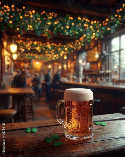 Obraz na płótnie Irish pub decorated for Saint Patrick’s Day with beer mugs, fairy lights, and lively crowd.
w salonie