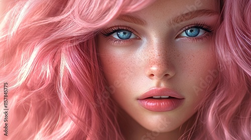 A close-up of a woman with long pink hair and blue eyes.