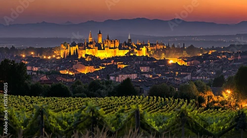Golden hour over Carcassonne with vineyards in the foreground showcasing a sprawling medieval fortress