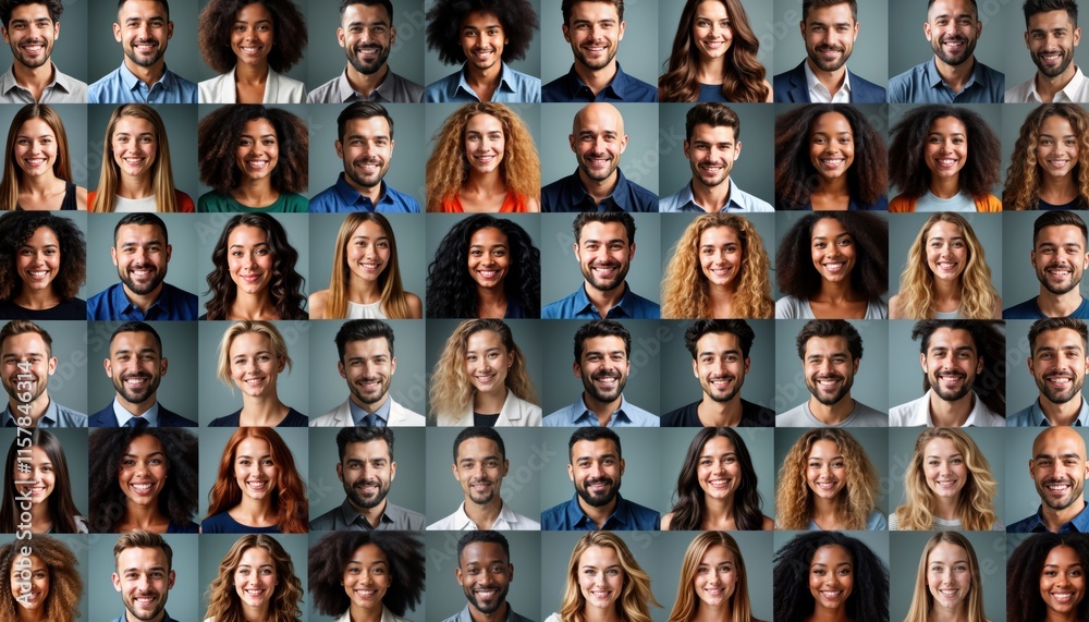 Obraz premium Diverse group of people smiling at camera. Collection of portraits. Multiracial faces. Happy, professional expressions. Represents diversity, community. Suitable for business, social media, online
