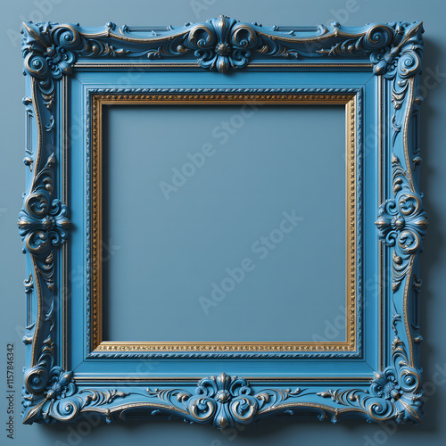Blue carved wooden frame. Carved gilded frame on isolated background, Neoclassical full picture frame 