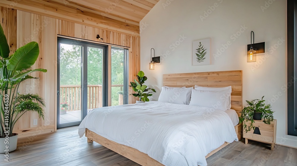Fototapeta premium Wide Shot Photo: Serene Bedroom in Modern Wood Cabin, Naturally Lit. AI Generated