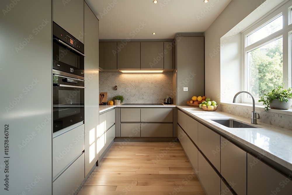 Modern Kitchen Interior with Gray Cabinets and Natural Light Modern Kitchen Interior with Gray Cabinets and Natural Light