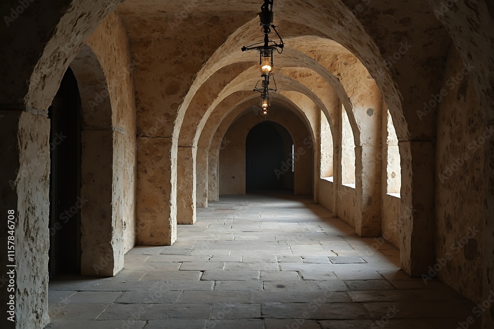 Obraz premium Historic Stone Archway Corridor with Natural Light