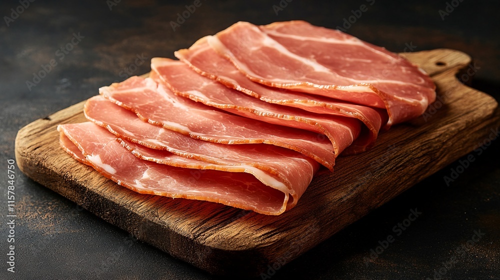 Thin slices of cured meat on a wooden cutting board. Thin slices of cured meat on a wooden cutting board.