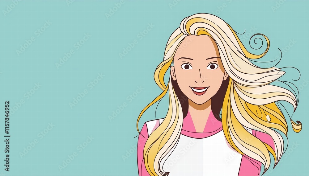 Smiling Young Woman with Long, Groomed Blonde Hair Posing Against a Soft Pastel Background, Radiating Joy and Confidence in a Contemporary Portrait for Lifestyle and Beauty Themes Smiling Young Woman with Long, Groomed Blonde Hair Posing Against a Soft Pastel Background, Radiating Joy and Confidence in a Contemporary Portrait for Lifestyle and Beauty Themes