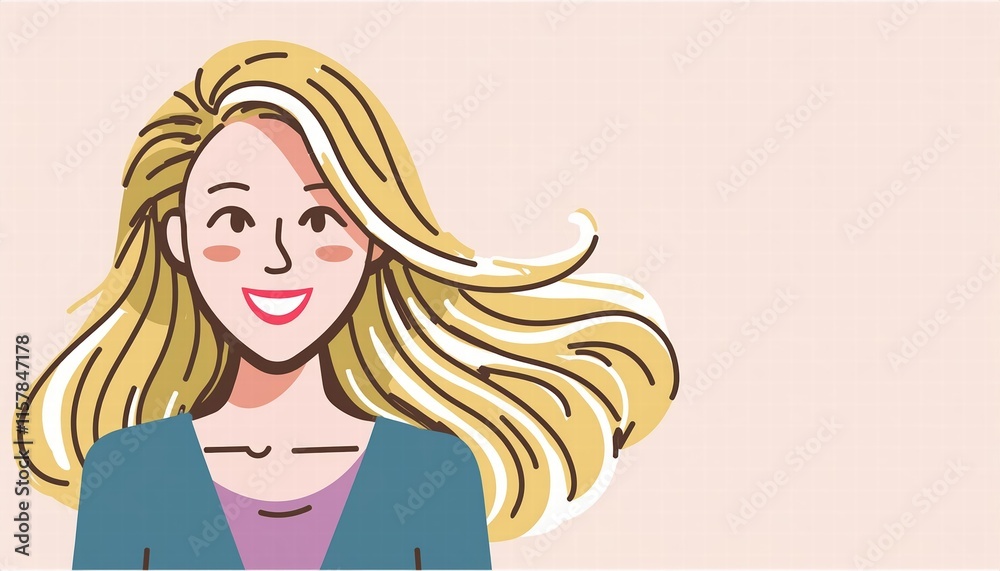 Smiling young woman with long, groomed blonde hair radiates joy and confidence against a soft pastel flat background, embodying beauty and positivity in a serene setting. Smiling young woman with long, groomed blonde hair radiates joy and confidence against a soft pastel flat background, embodying beauty and positivity in a serene setting.