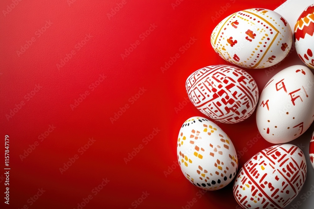 A captivating collection of colorful Easter eggs, intricately decorated and set against a vibrant red background, creating an enchanting scene for everyone to enjoy and celebrate together A captivating collection of colorful Easter eggs, intricately decorated and set against a vibrant red background, creating an enchanting scene for everyone to enjoy and celebrate together