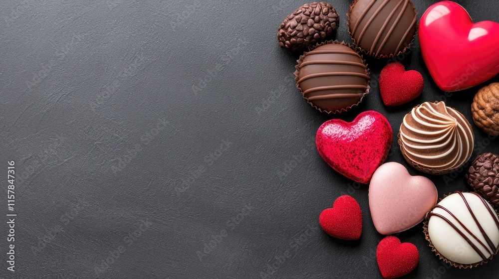 Obraz premium Delicious chocolate heart treats romantic dessert table food photography dark background overhead view sweet indulgence