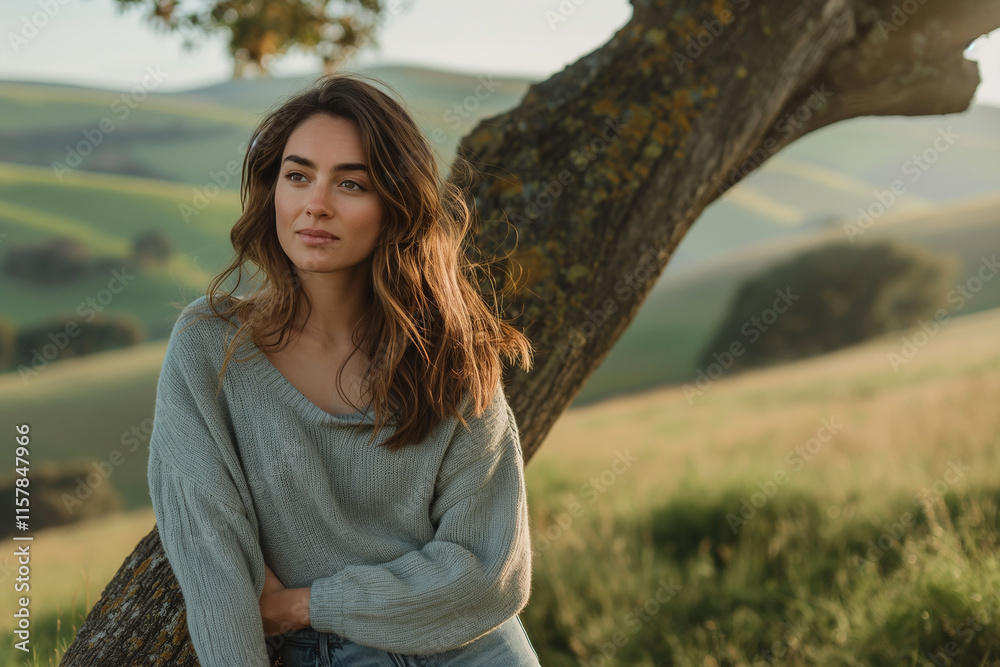 Fototapeta premium A woman is sitting under a tree in a grassy field