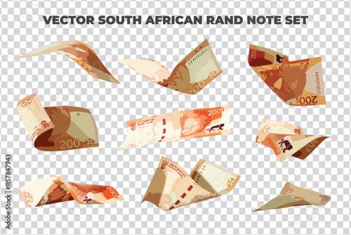 Vector illustration of set of 200 South African rand notes flying in different angles and orientations. Currency note design in Scalable eps format

