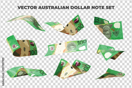 Vector illustration of set of 100 Australian dollar notes flying in different angles and orientations. Currency note design in Scalable eps format
