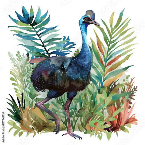 A watercolor clipart of a cassowary walking through dense foliage, isolated on a white background. Cassowary vector.
