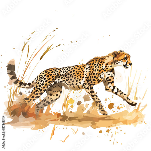 A watercolor drawing of a cheetah running across the savanna, isolated on a white background. Cheetah vector.
