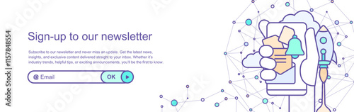 sign up, subscribe to newsletter and news alerts banner template with hand holding smartphone and a rocket is landing, app launch, connected dots, global big data, mobile display device