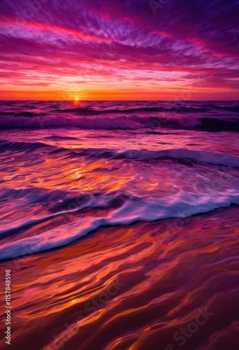 majestic tranquil sunset glimmering over serene ocean waves vibrant colors dreamy reflections creating peaceful atmosphere, blue, pink, yellow, horizon, sky photo