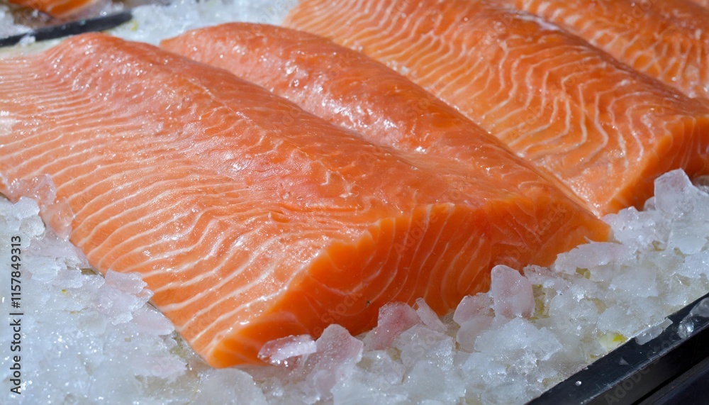 Fresh Salmon Fillets Displayed on Ice at a Coastal Fish Market