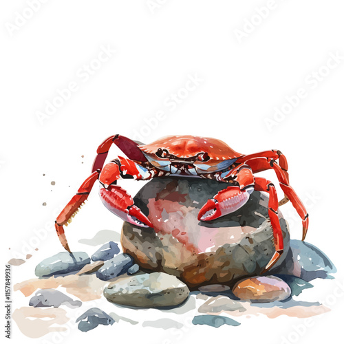 A watercolor vector of a crab scuttling across rocks, isolated on a white background. Crab vector.
