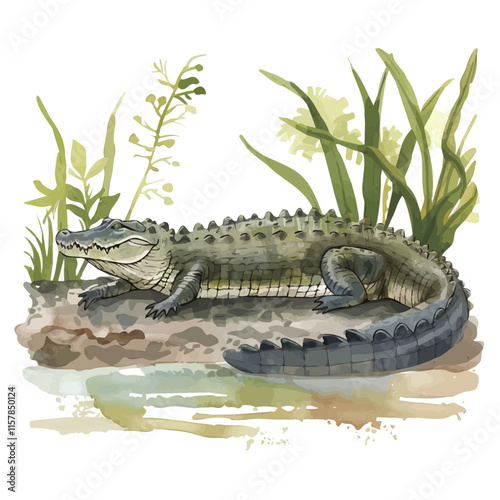 A watercolor vector of a crocodile resting on a riverbank, isolated on a white background. Crocodile vector.
