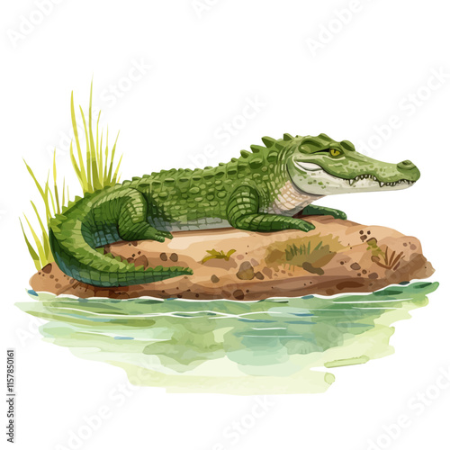A watercolor vector of a crocodile resting on a riverbank, isolated on a white background. Crocodile vector.
