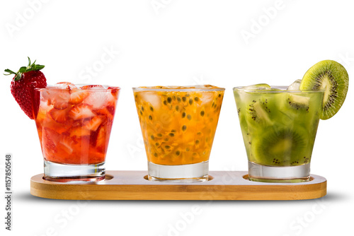Three drinks made with passion fruit, strawberry and kiwi Caipirinha on white background