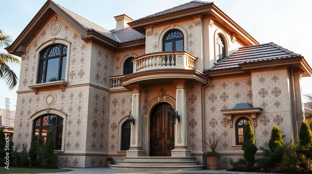 Fototapeta premium Two-Story House with Fleur-de-lis Stucco Exterior