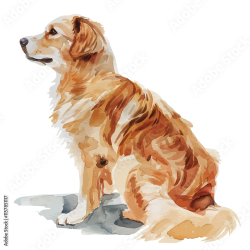 A watercolor vector of a dog wagging its tail, isolated on a white background. Dog vector.
