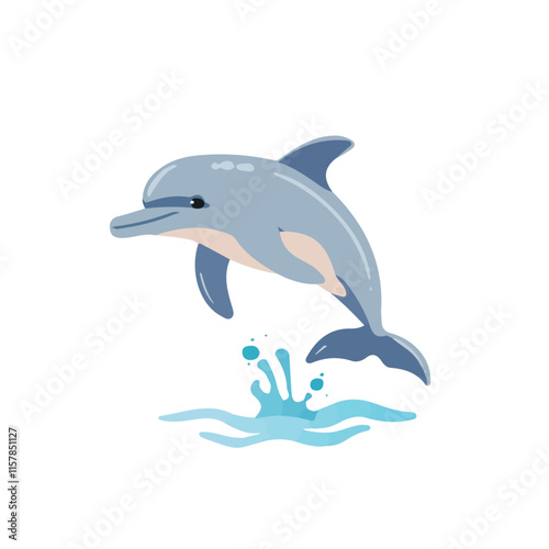 A watercolor vector of a dolphin playing with bubbles, isolated on a white background. Dolphin vector.
