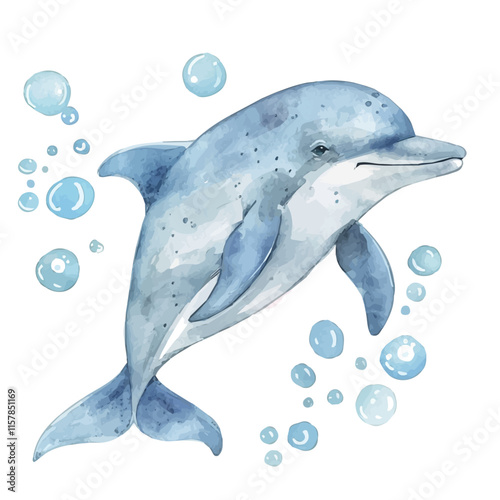 A watercolor vector of a dolphin playing with bubbles, isolated on a white background. Dolphin vector.
