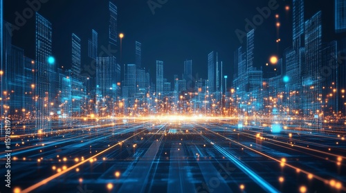 Futuristic city skyline with glowing lines and particles.
