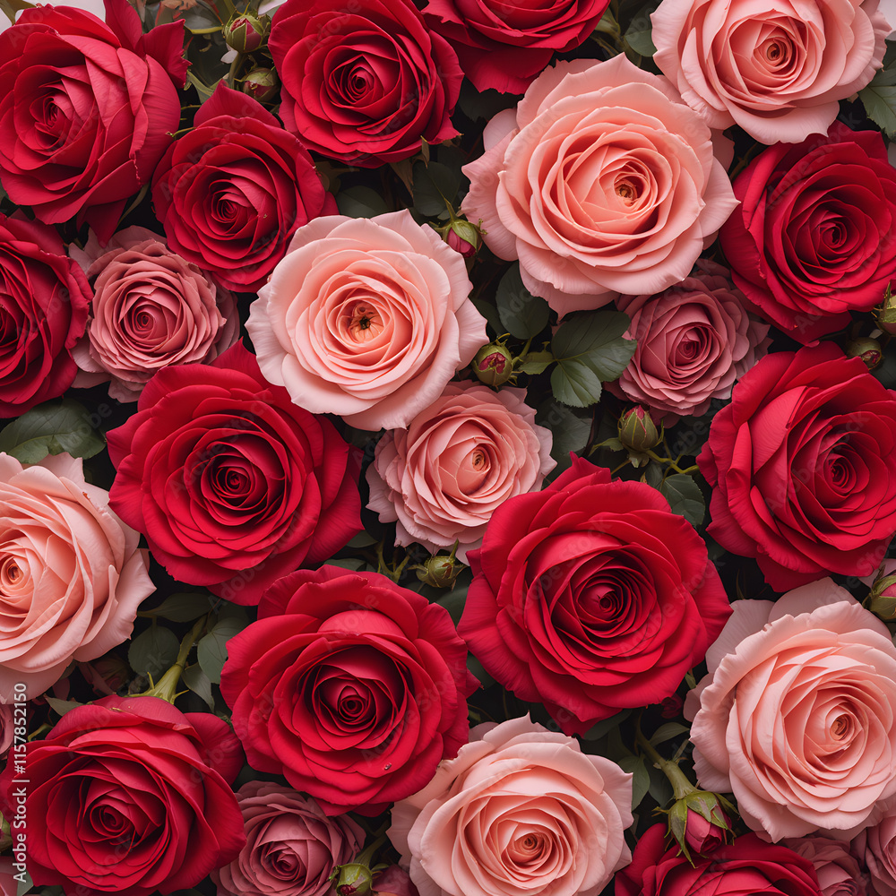 Fototapeta premium Natural fresh red roses flowers pattern wallpaper. top view, Red rose flower wall background
