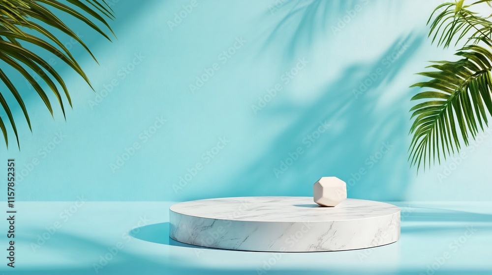Obraz premium Serene 3D Render: Summery Minimalist Mockup on Pastel Blue Background. AI Generated