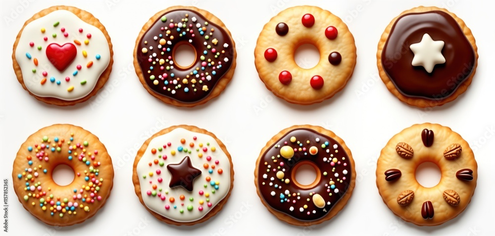 Collection of round cookies decorated with icing, sprinkles. Assorted flavors shown on transparent background. Mockup template for design artwork. Many different round cookies various tasty sweet Collection of round cookies decorated with icing, sprinkles. Assorted flavors shown on transparent background. Mockup template for design artwork. Many different round cookies various tasty sweet