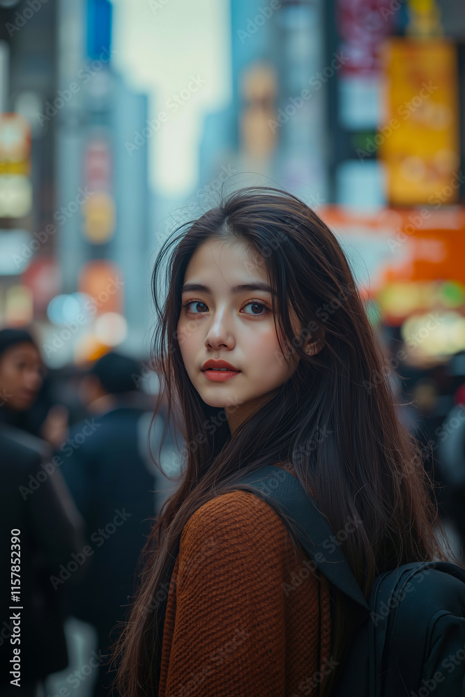 Obraz premium A woman with long brown hair standing in the middle of a busy city street