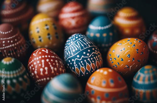 A collection of colorful decorative easter eggs sits together, featuring detailed patterns in hues of blue, red, orange, and yellow. The festive display sets the tone for holiday celebrations photo