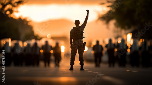 Defiant protester stands tall against authority at sunset during demonstration photo