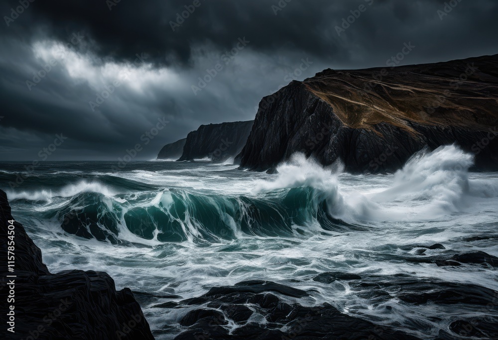 Fototapeta premium powerful ocean waves breaking rugged coastal cliffs creating stunning chaotic surfaces dramatic seascape imagery, beach, coastline, rock, splash, foam