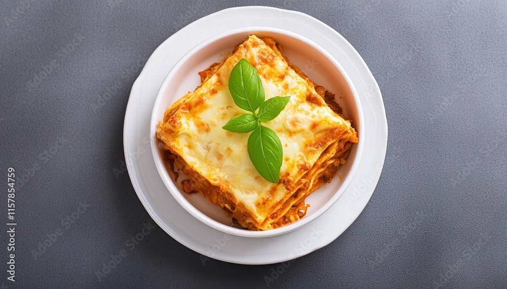 Deliciously Layered Tasty Hot Lasagna Served with a Fresh Basil Leaf in a White Bowl Top View Presentation with Transparent Background for Culinary Perfection Deliciously Layered Tasty Hot Lasagna Served with a Fresh Basil Leaf in a White Bowl Top View Presentation with Transparent Background for Culinary Perfection