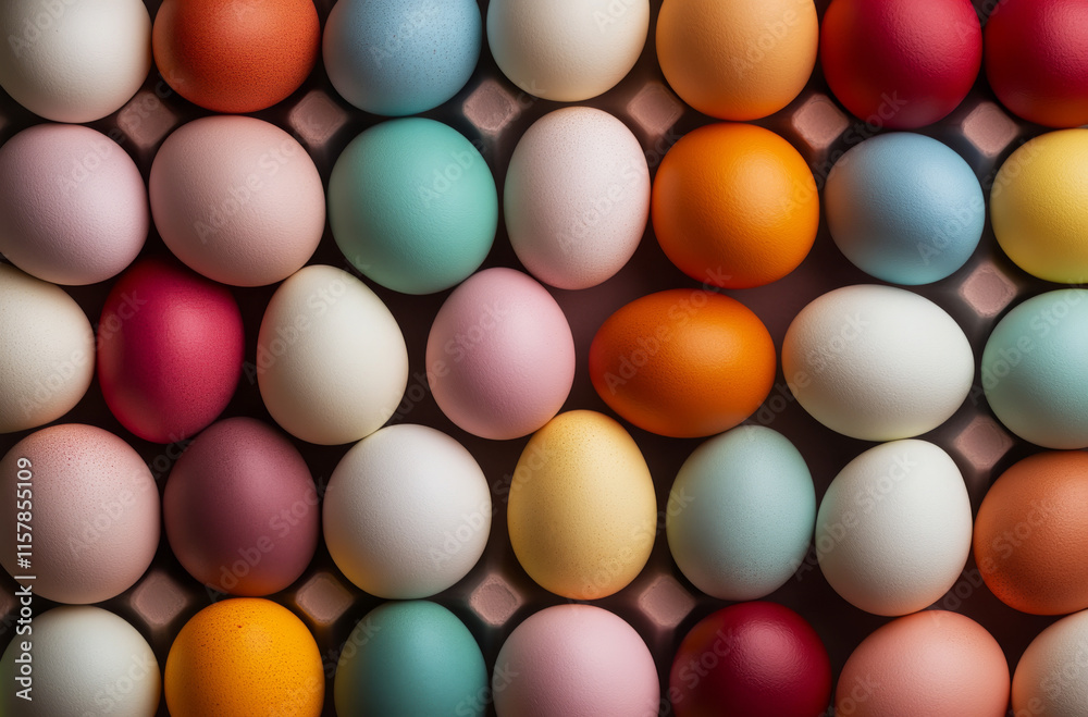 A vibrant collection of carefully dyed eggs is displayed in a grid formation, showcasing a variety of colors and shades perfect for spring festivities and seasonal celebrations A vibrant collection of carefully dyed eggs is displayed in a grid formation, showcasing a variety of colors and shades perfect for spring festivities and seasonal celebrations